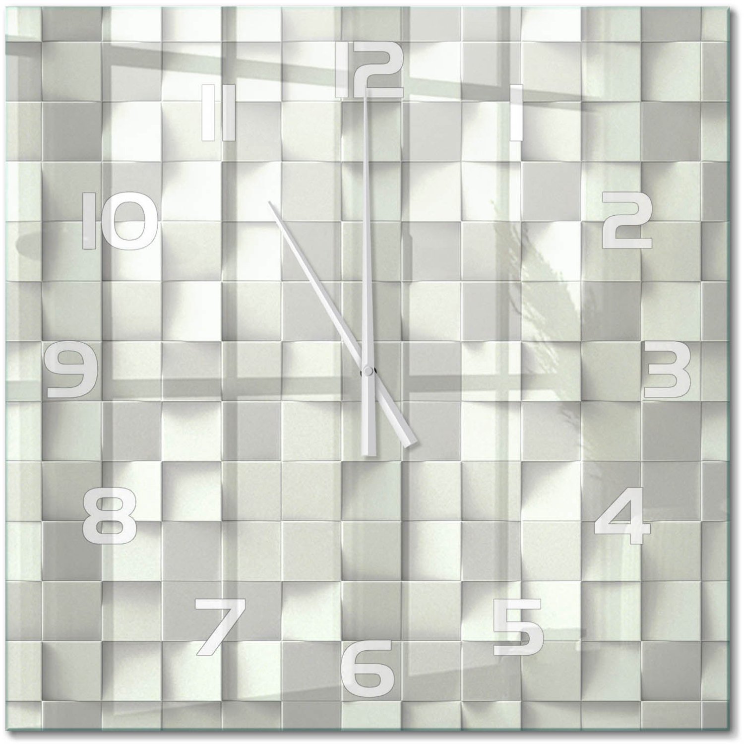 TULUP Wandklok - Geometrische achtergrond Gekleurde Glazen Klok - 60x60 cm - Wit Glazen Klok Met Print - Witte handen - Vierkante Klok - Moderne Wandklok Glas - Wandklok Glas Decoratie