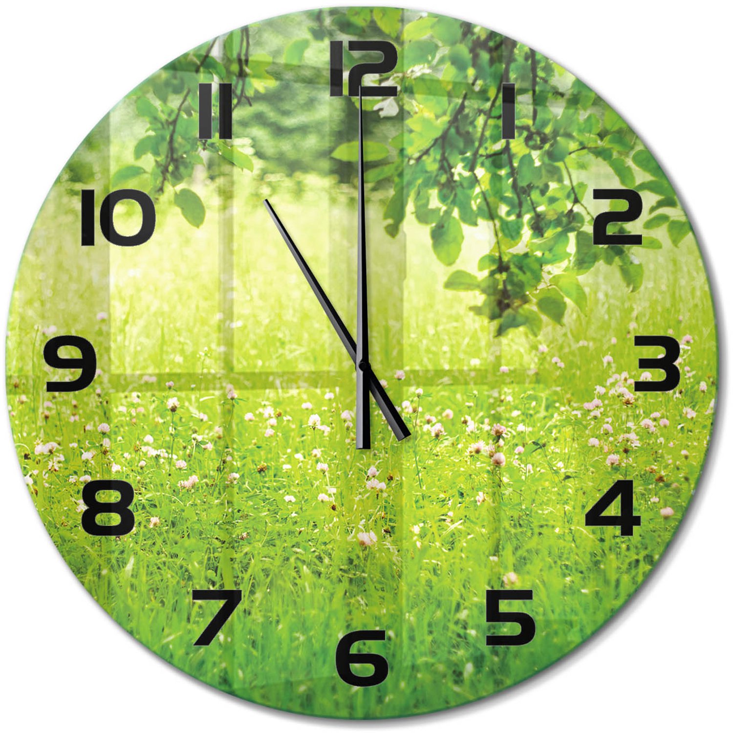 TULUP Wandklok - Groene weide Wandklok Glas Decoratie - fi60 cm - Groente Gekleurde Glazen Klok - Zwarte handen - Ronde Klok - Klok Glas Met Opdruk - Moderne Wandklok Glas