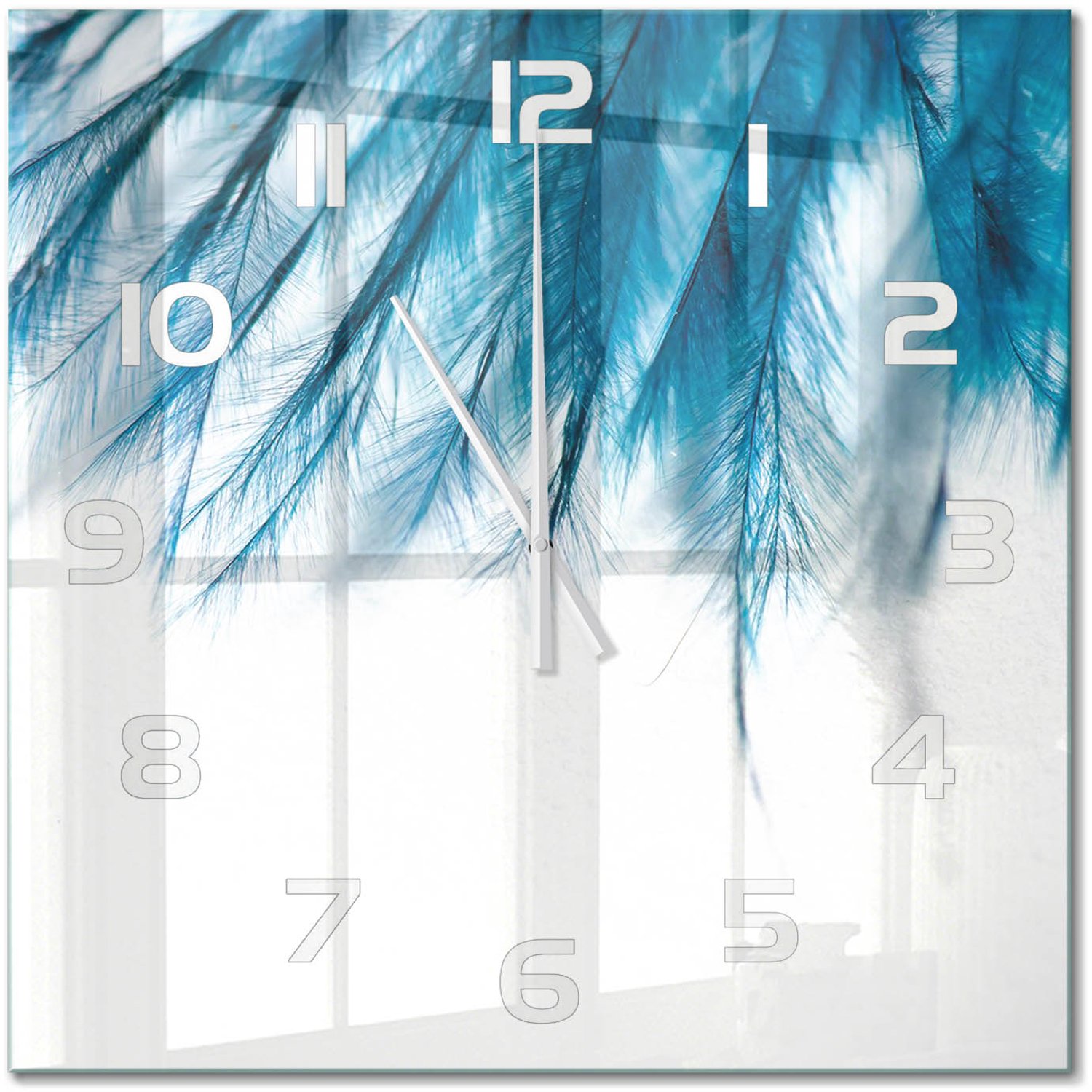 TULUP Wandklok - Blauwe veren Glazen Wandklok Design - 60x60 cm - Blauw Klok Glas Met Opdruk - Witte handen - Vierkante Klok - Wandklok Glas Met Motief - Decoratieve Glazen Klok