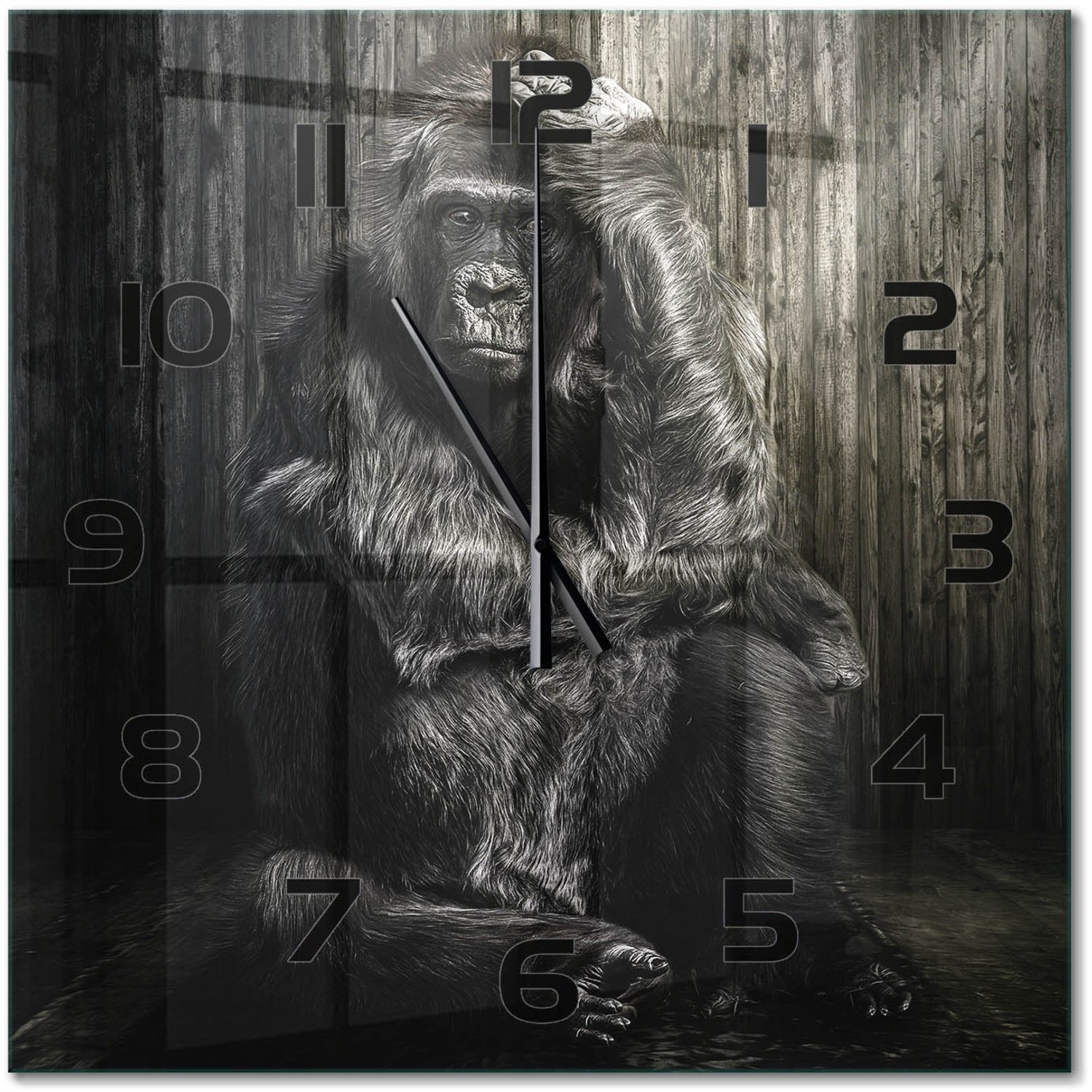 TULUP Wandklok - Gorilla Decoratieve Glazen Klok - 60x60 cm - Zwart Glazen Wandklok Design - Zwarte handen - Vierkante Klok - Glazen Klok Met Print - Wandklok Glas Met Motief