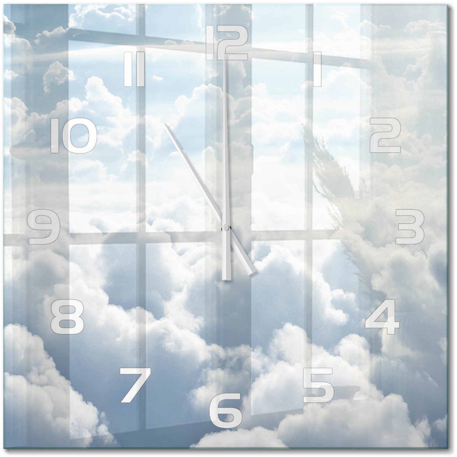 TULUP Wandklok - Wolken gezien vanuit vogelperspectief Klok Glas Met Opdruk - 60x60 cm - Wit Moderne Wandklok Glas - Witte handen - Vierkante Klok - Decoratieve Glazen Klok - Glazen Wandklok Design