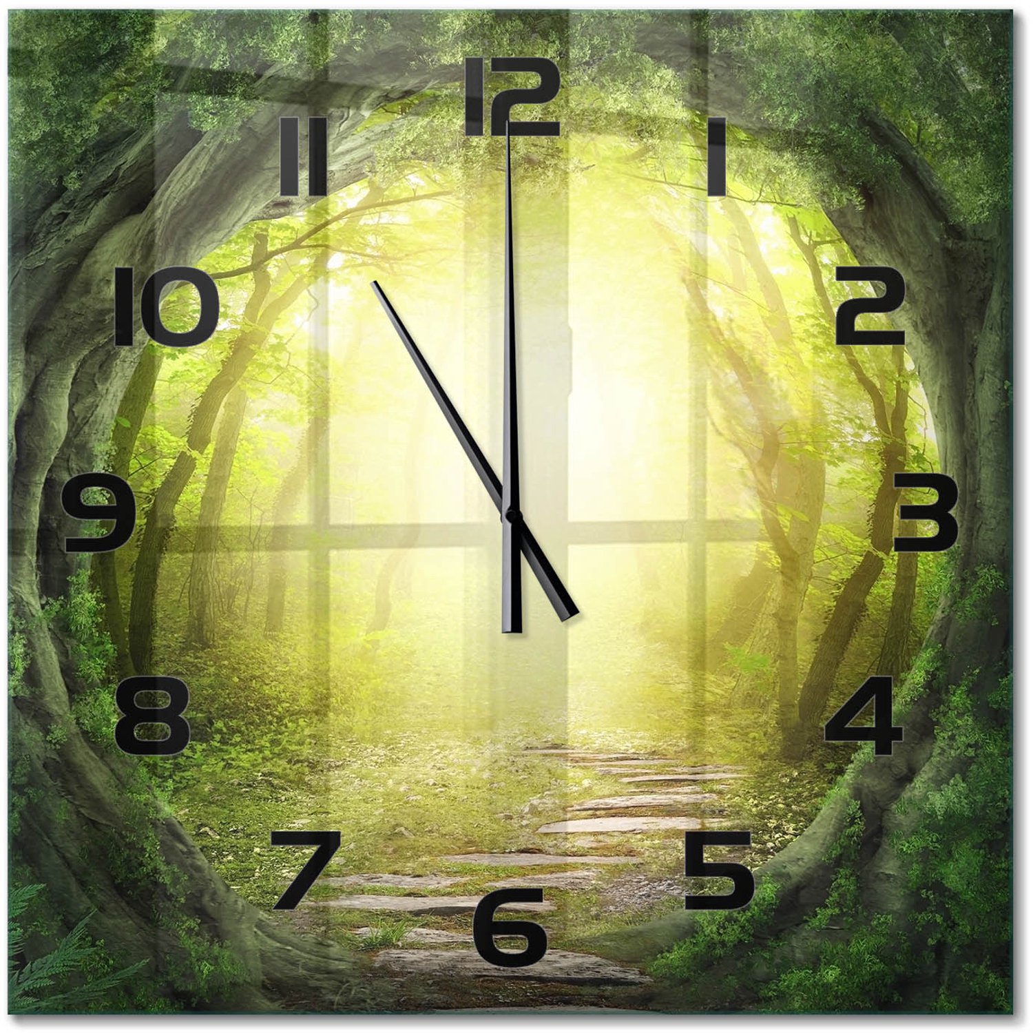 TULUP Wandklok - Boomtunnel Wandklok Glas Met Motief - 60x60 cm - Groente Decoratieve Glazen Klok - Zwarte handen - Vierkante Klok - Gekleurde Glazen Klok - Glazen Klok Met Print