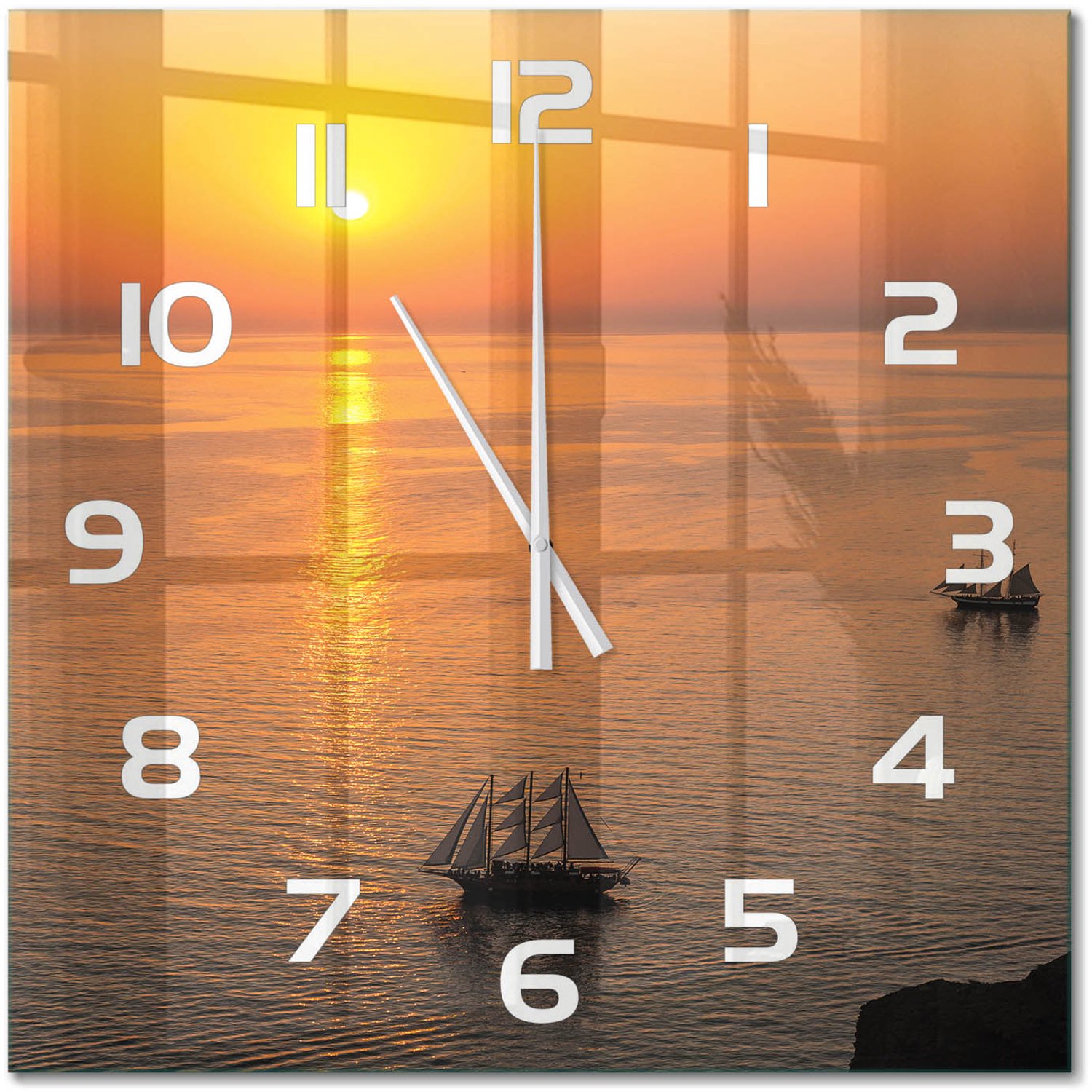 TULUP Wandklok - Zonsondergang Zee Glazen Wandklok Design - 60x60 cm - Oranje Klok Glas Met Opdruk - Witte handen - Vierkante Klok - Wandklok Glas Met Motief - Decoratieve Glazen Klok