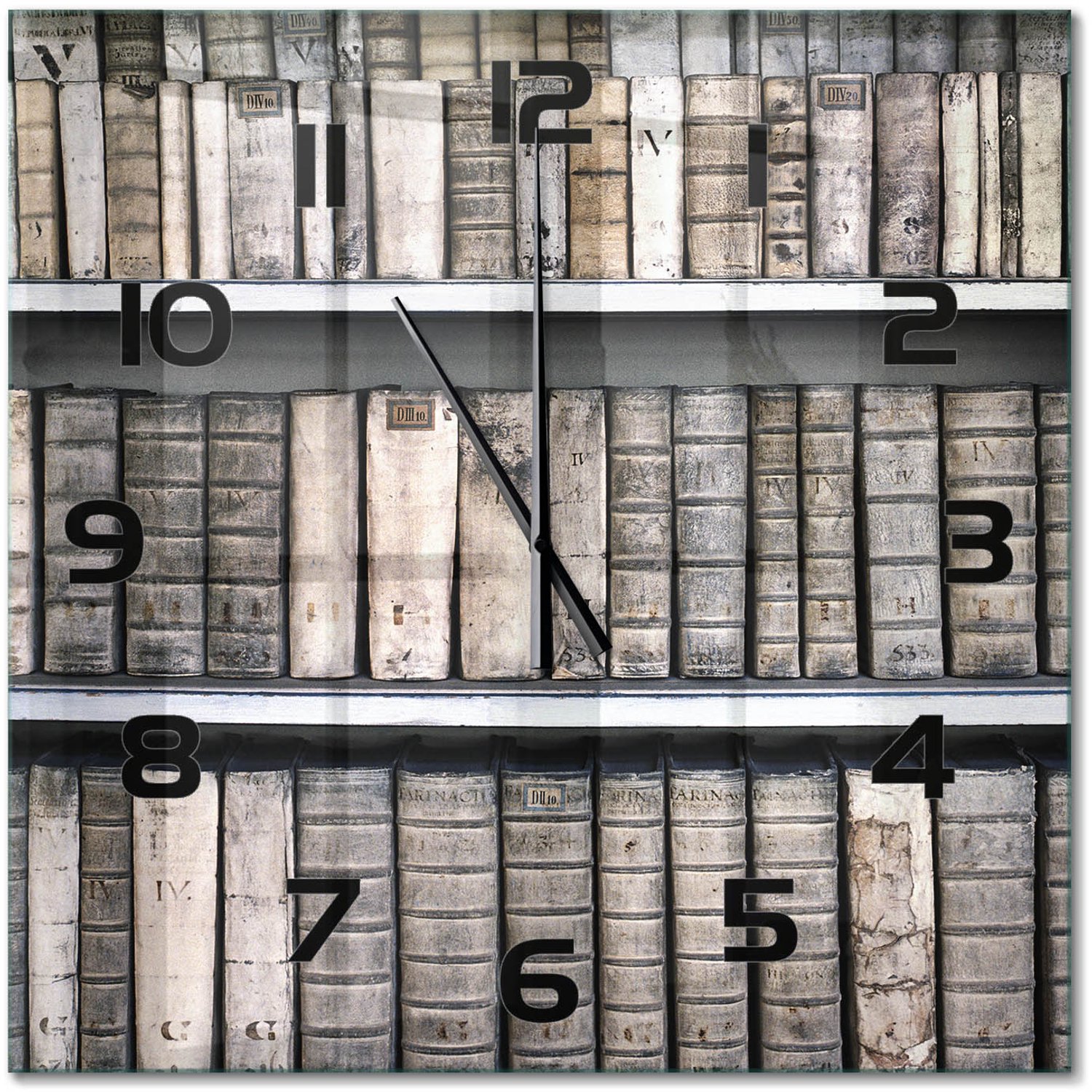 TULUP Wandklok - Boekenplank Glazen Wandklok Design - 60x60 cm - Beige Klok Glas Met Opdruk - Zwarte handen - Vierkante Klok - Wandklok Glas Met Motief - Decoratieve Glazen Klok