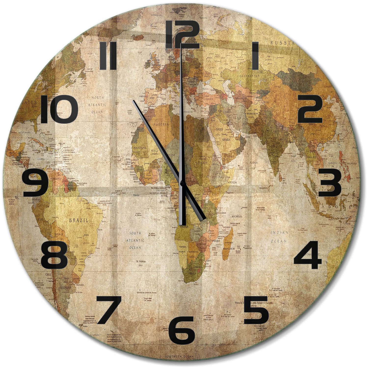TULUP Wandklok - Politieke kaart Gekleurde Glazen Klok - fi60 cm - Bruin Glazen Klok Met Print - Zwarte handen - Ronde Klok - Moderne Wandklok Glas - Wandklok Glas Decoratie