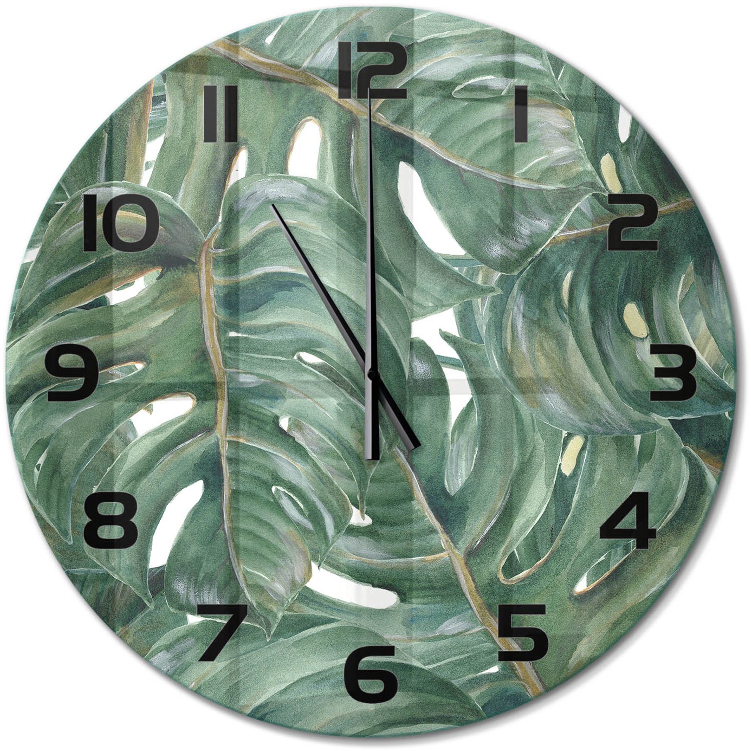 TULUP Wandklok - Monstera Decoratieve Glazen Klok - fi60 cm - Groente Glazen Wandklok Design - Zwarte handen - Ronde Klok - Glazen Klok Met Print - Wandklok Glas Met Motief