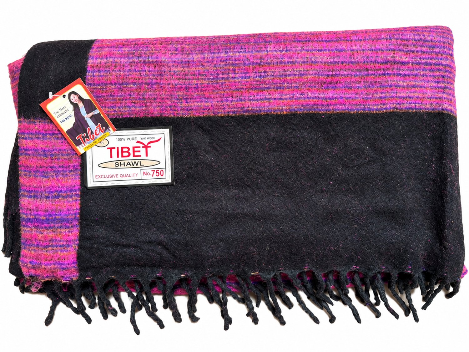Pergibiedmeer.nl plaid 100% yakwol - fuchsia/zwart - tweezijdig draagbaar - handgemaakt in Nepal - woondeken - yogadeken - 260x120 cm