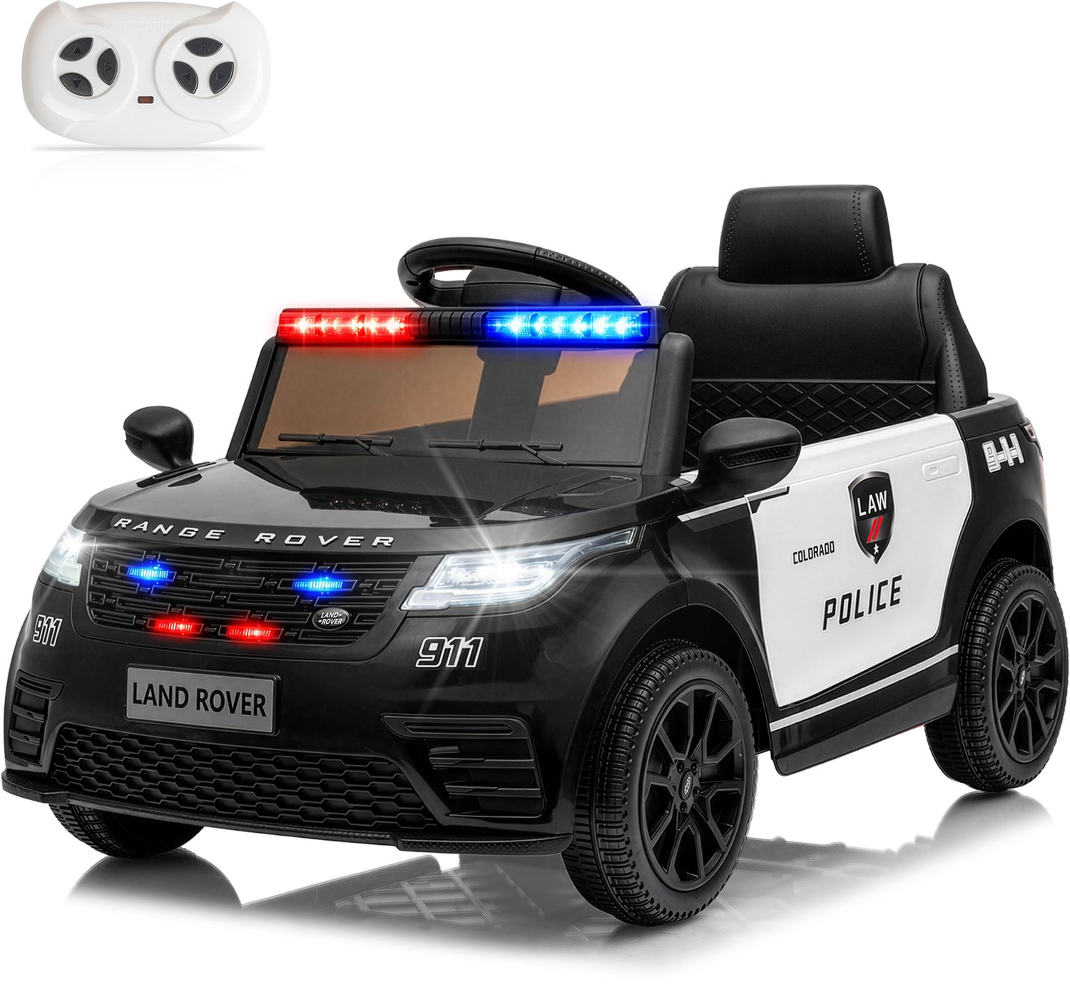 Land Rover-politieauto voor kinderen (12V 4,5Ah) – Voorzien van Bluetooth, muziek, claxon en USB,zwart