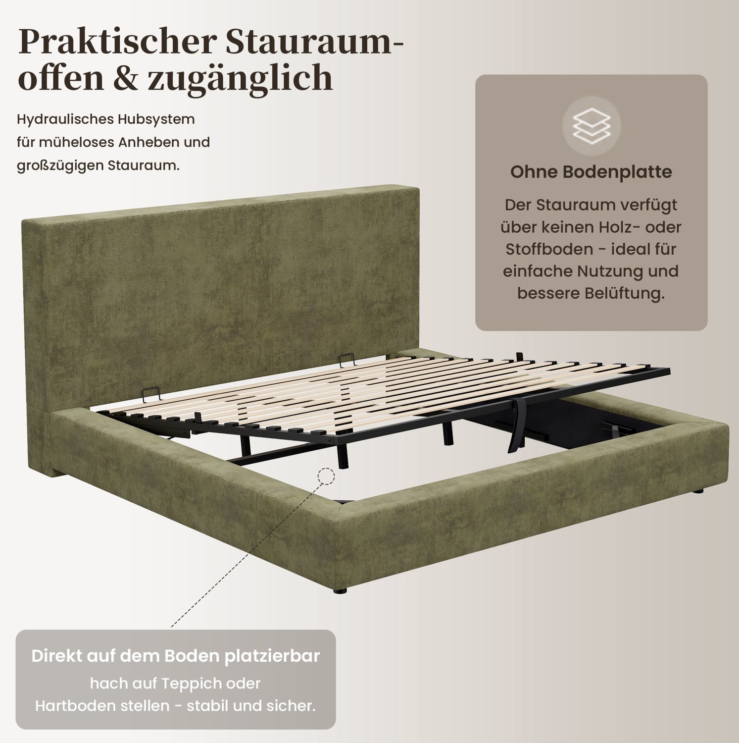 WUVRIE Gestoffeerd tweepersoonsbed 160x200 cm - Hydraulische opbergruimte en lattenbodem - Olijfgroen