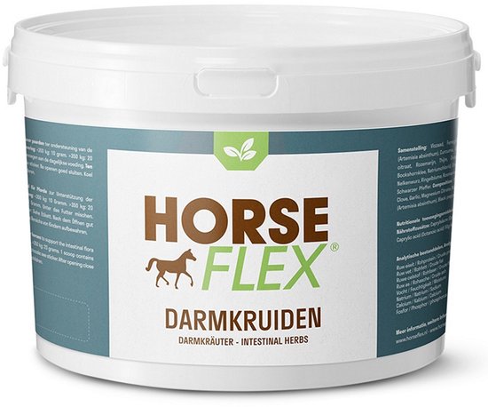 Witte emmer HorseFlex Darmkruiden supplement voor paarden met etiket.