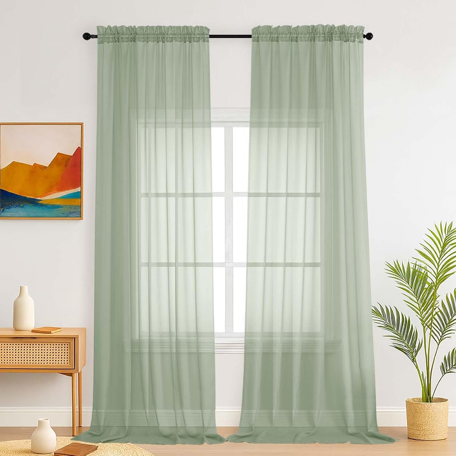 Gordijnen saliegroen met stangzak 2-delig set H260 x B150 cm
