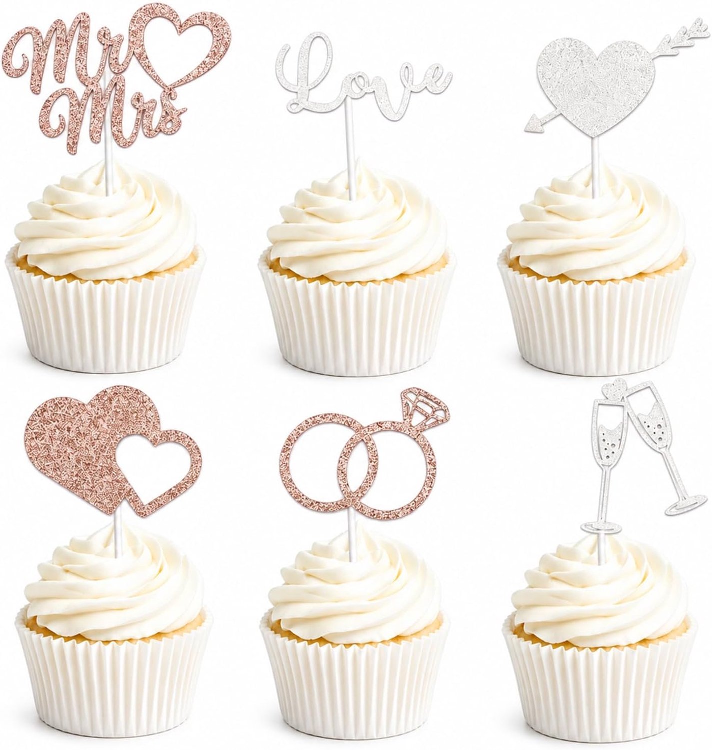 24 Cupcaketoppers Mr & Mrs voor bruidstaart, glitter, roze goud zilver