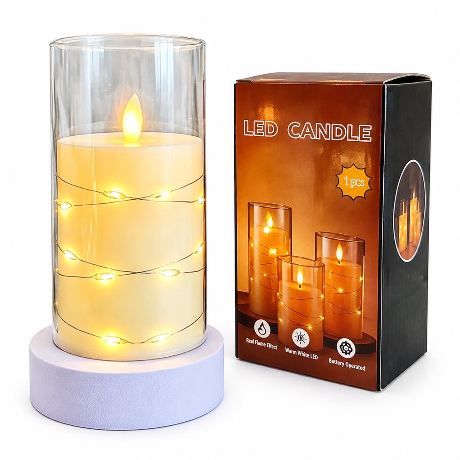SWGOTA led kaarsen met bewegende vlam - uitvoering met lichtsnoer, 7,5 x 12,5 cm, op batterijen, zonder batterijen, in doos Bruin