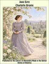Jane Eyre door Charlotte Brontë: vrouw in Victoriaanse paarse jurk in een tuin bij een landhuis.