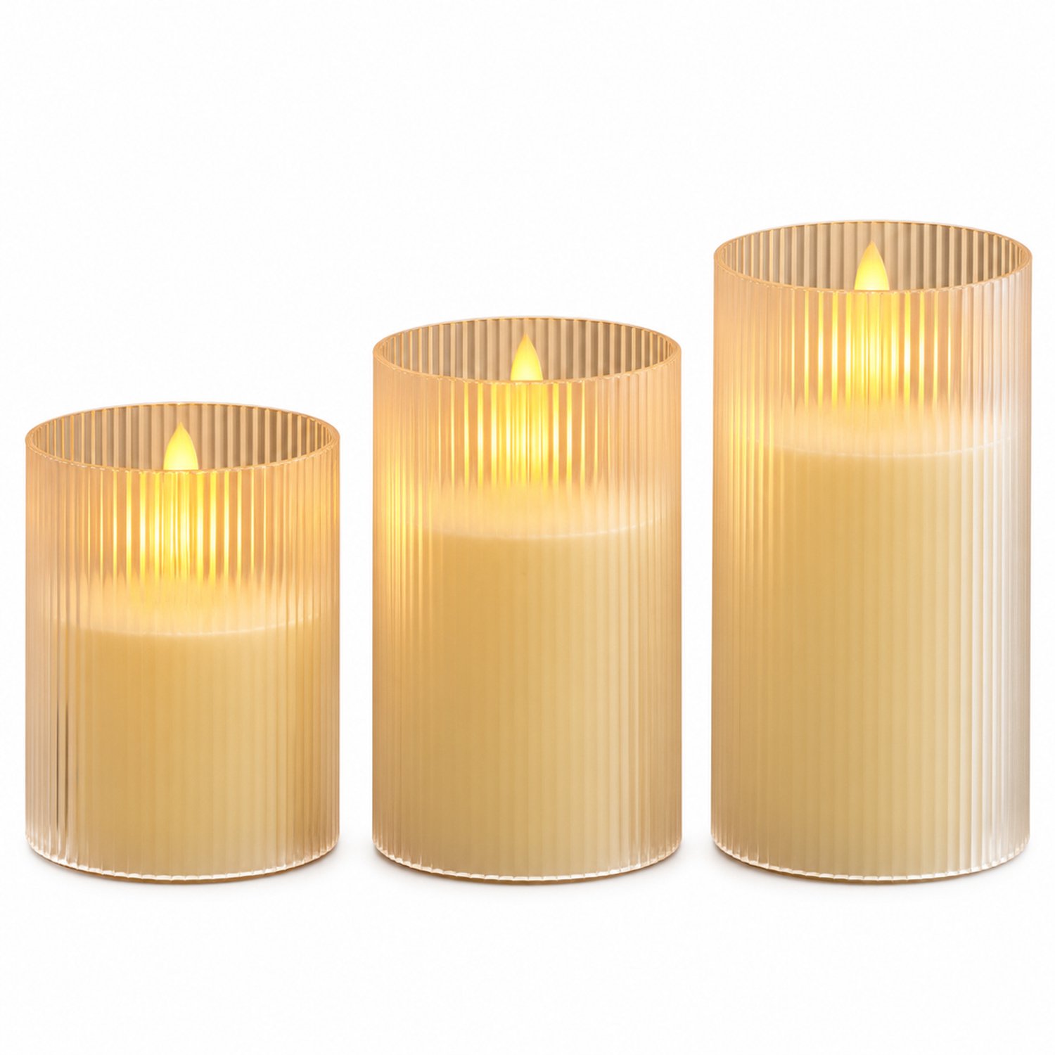 SWGOTA led kaarsen, set van 3, ivoorwit met verticale ribbels, diameter 8 cm, hoogtes 10/12,5/15 cm, warm decoratief licht