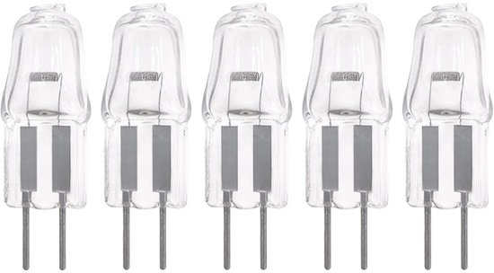 Vijf transparante G4 halogeenlampjes met zichtbare interne gloeidraad en twee metalen insteekpootjes.