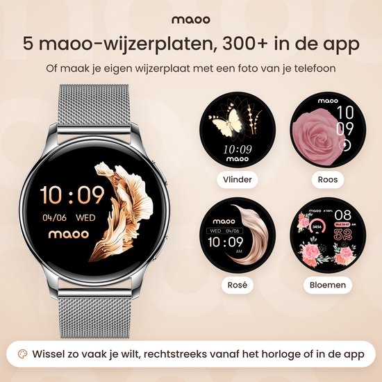 Voorbeelden van verschillende wijzerplaten zoals vlinders, rozen en bloemen op het ronde horlogescherm.