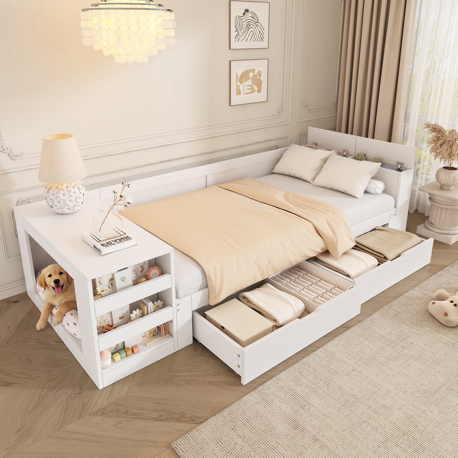 PHOEBE CAT Eenpersoonsbed - 90 × 200 cm - Houten slaapbank - Met 2 lades - Opbergruimte - Rustruimte voor huisdieren - Wit