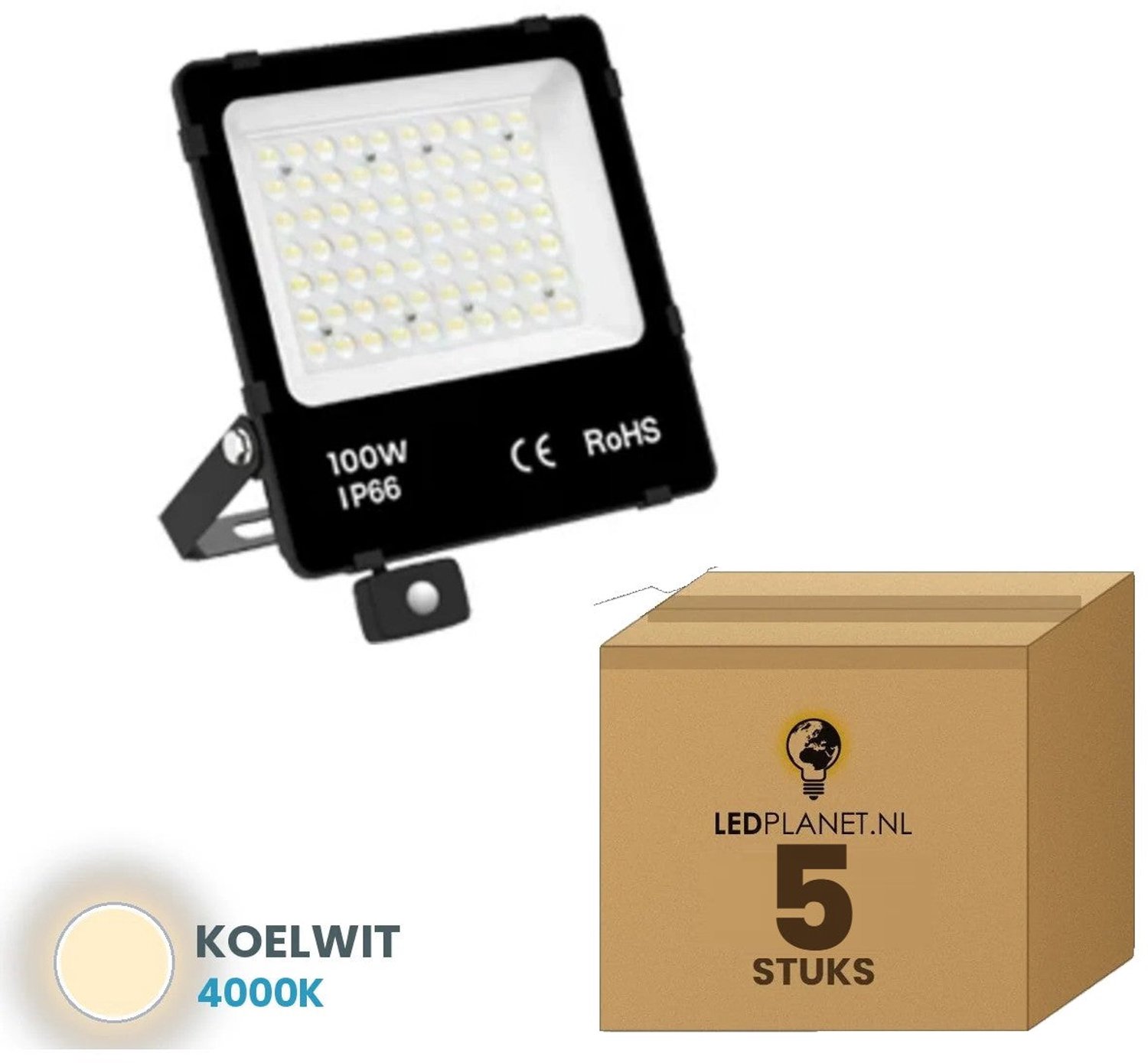 Tsong LED schijnwerper 100W - 5 stuks - Koelwit 4000K - 15.000 lm - 150 lm/W - 90° - bewegingssensor - IP66