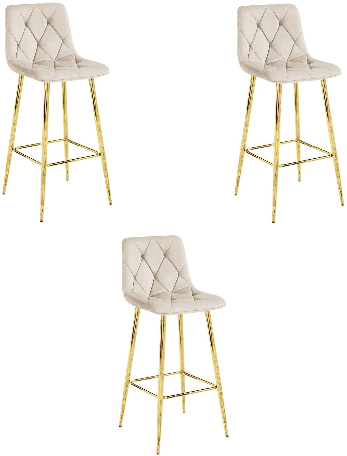 LEOBERT Set van 3 Barkrukken NADO – Beige Velvet / Fluweel – Gestoffeerde Barstoelen met Rugleuning en Voetsteun – Goudkleurige Metalen Poten – Modern Design – Voor Keukeneiland, Keuken, Bartafel en Thuisbar