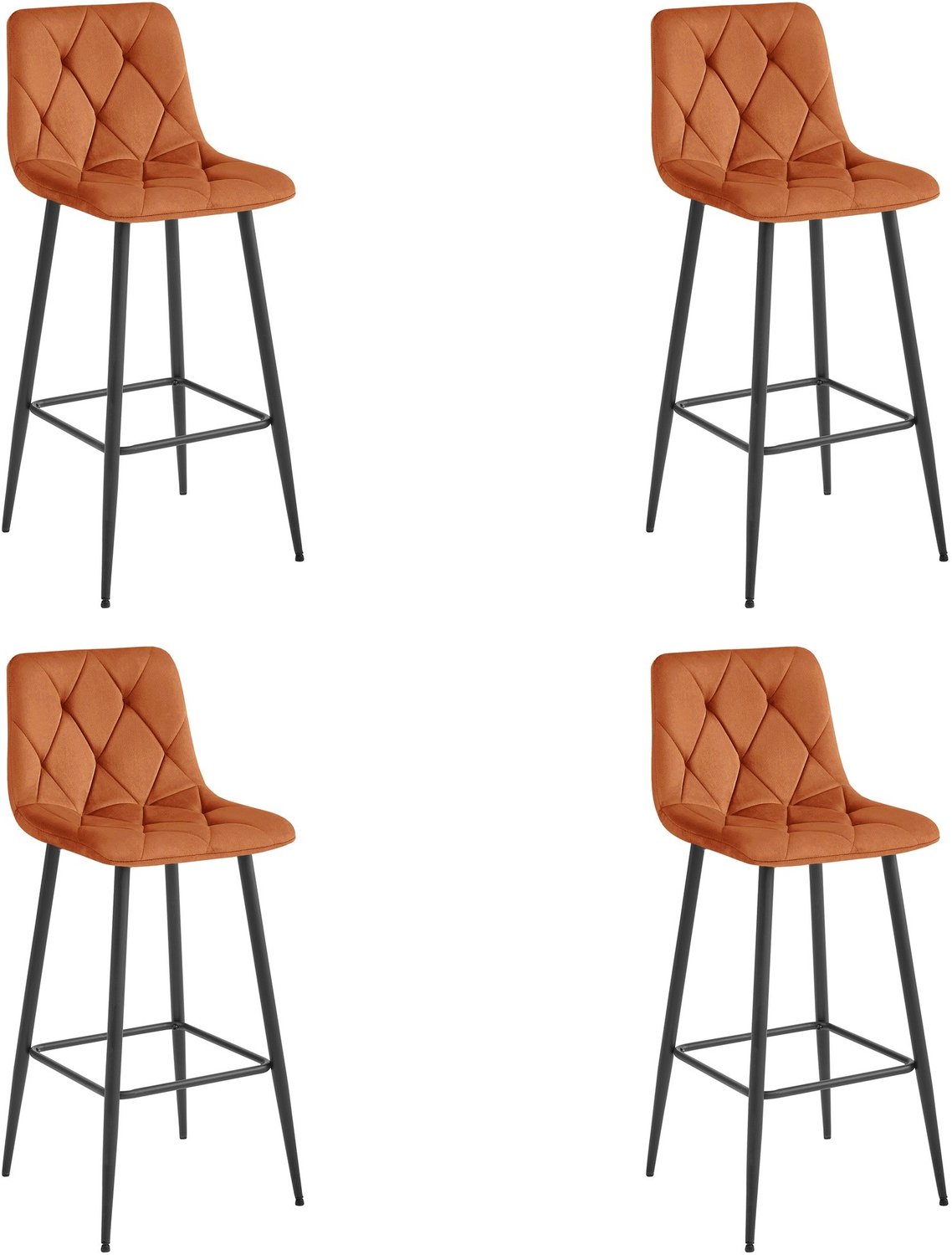LEOBERT Set van 4 Barkrukken NADO – Koperkleurig Velvet / Fluweel – Gestoffeerde Barstoelen met Rugleuning en Voetsteun – Zwarte Metalen Poten – Modern Design – Voor Keukeneiland, Keuken, Bartafel en Thuisbar