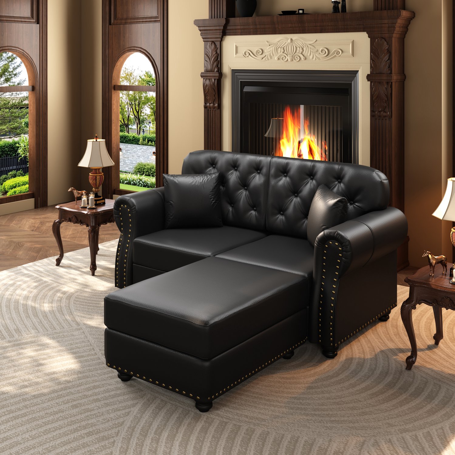 MIVRAY Chesterfield Bank 160 cm - Tweezitsbank met Losse Voetenbank en Geknoopte Rugleuning - Voor Woonkamer en Ontvangstruimte - Kunstleer - Zwart