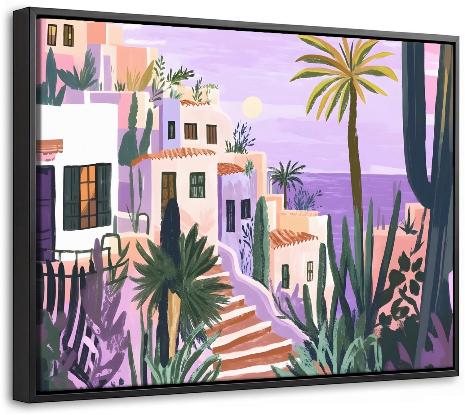 Canvas Schilderij met Baklijst 40x30cm - Huizen - Minimalistisch - Palmbomen - Kust - Muurdecoratie woonkamer - Slaapkamer decoratie - Kamer accessoires - Schilderijen op canvas met lijst