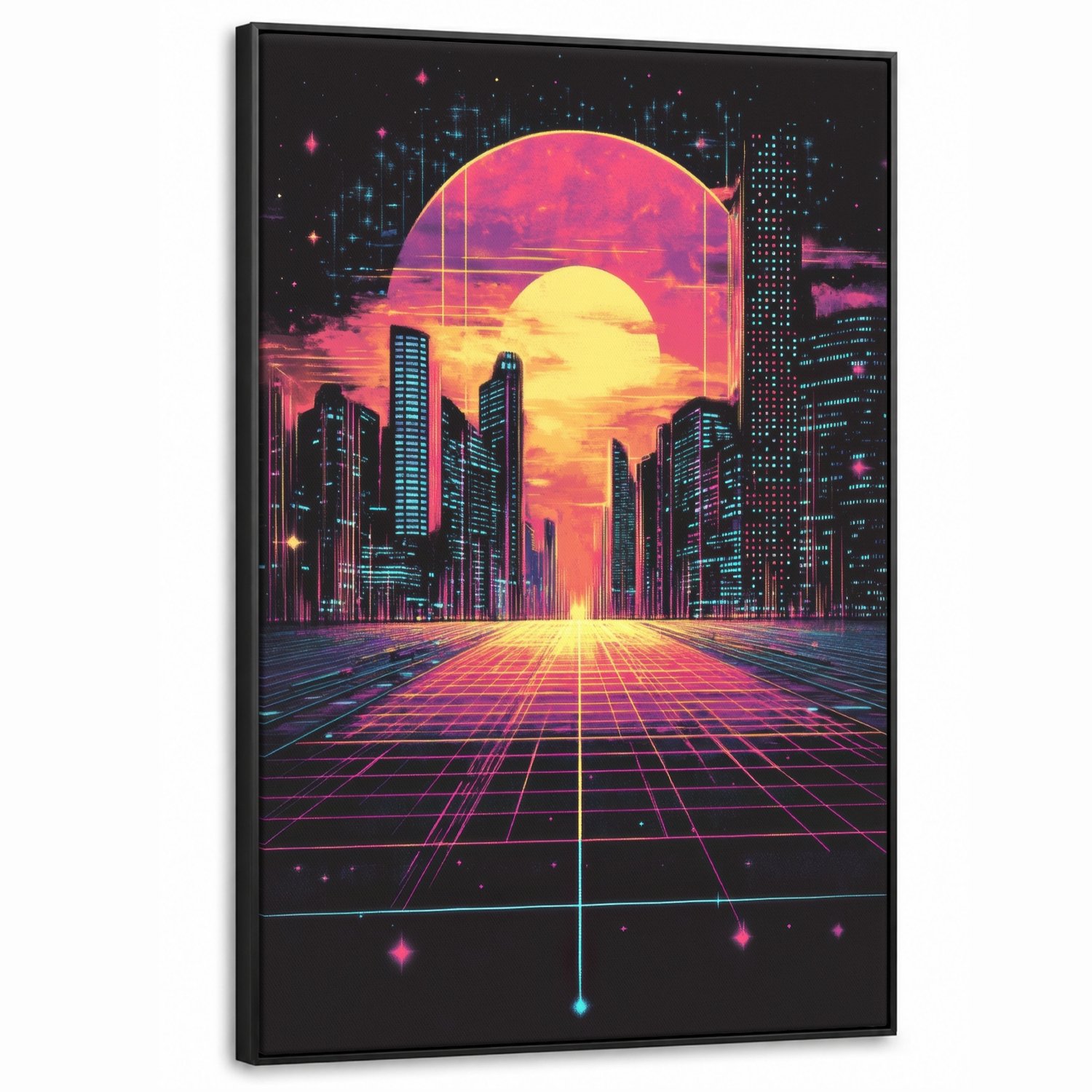 Canvas Schilderij met Baklijst XXL Canvas Schilderij met Baklijst 80x120cm - Stad - Gebouwen - Zon - Geel - Muurdecoratie woonkamer - Slaapkamer decoratie - Kamer accessoires - Schilderijen op canvas met lijst groot