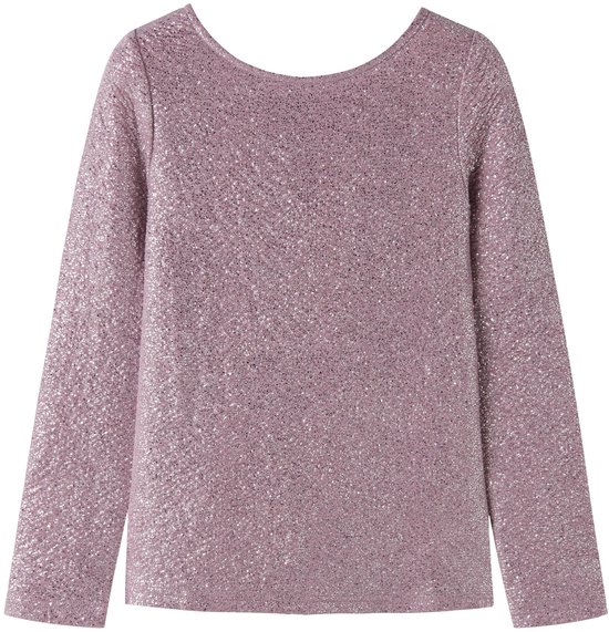 Roze top met lange mouwen in glinsterende stof met een wijde, ronde ruglijn.