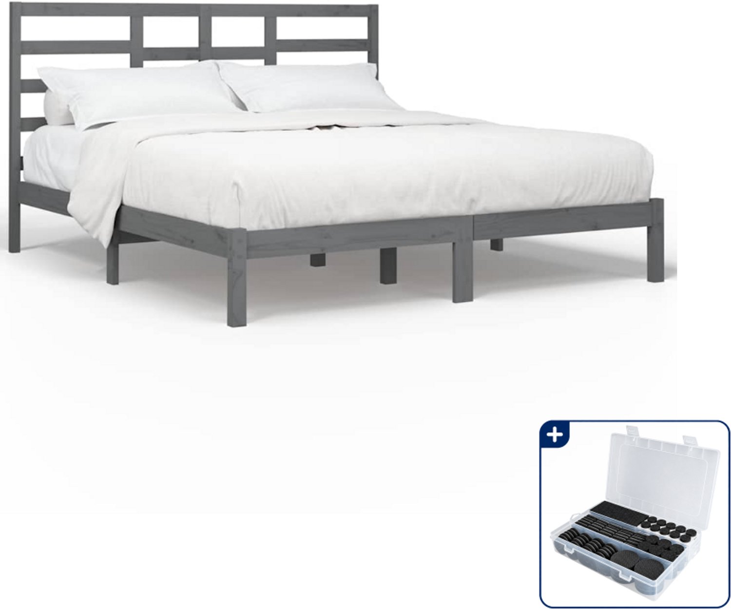 vidaXL bedframe - 200 x 200 cm - massief grenenhout - grijs - Inclusief antikrasvilt 177-delig Blauw