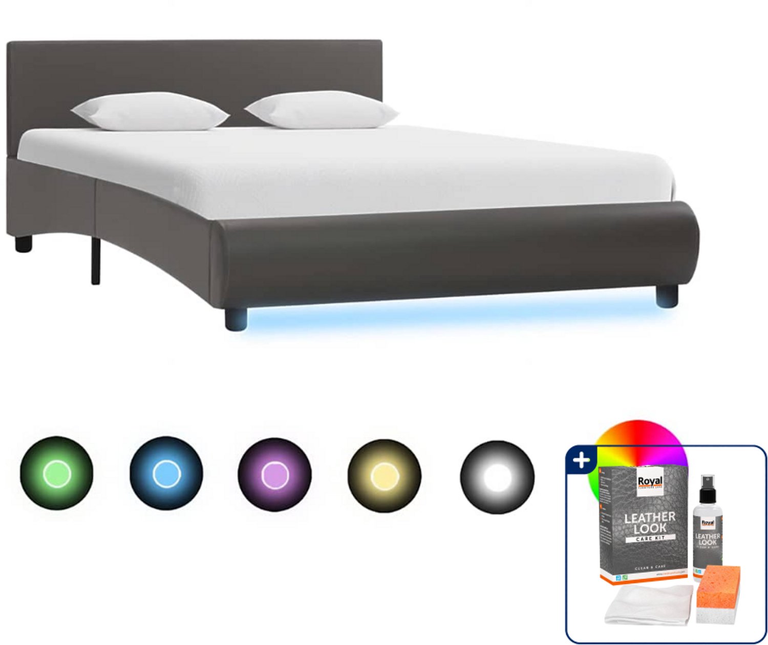 vidaXL bedframe met LED - 120 x 200 cm - kunstleer - grijs - Inclusief onderhoudsset voor kunstleer 150 ml Zwart