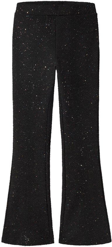 Zwarte bootcut broek met textuur en veelkleurige glitterdots.