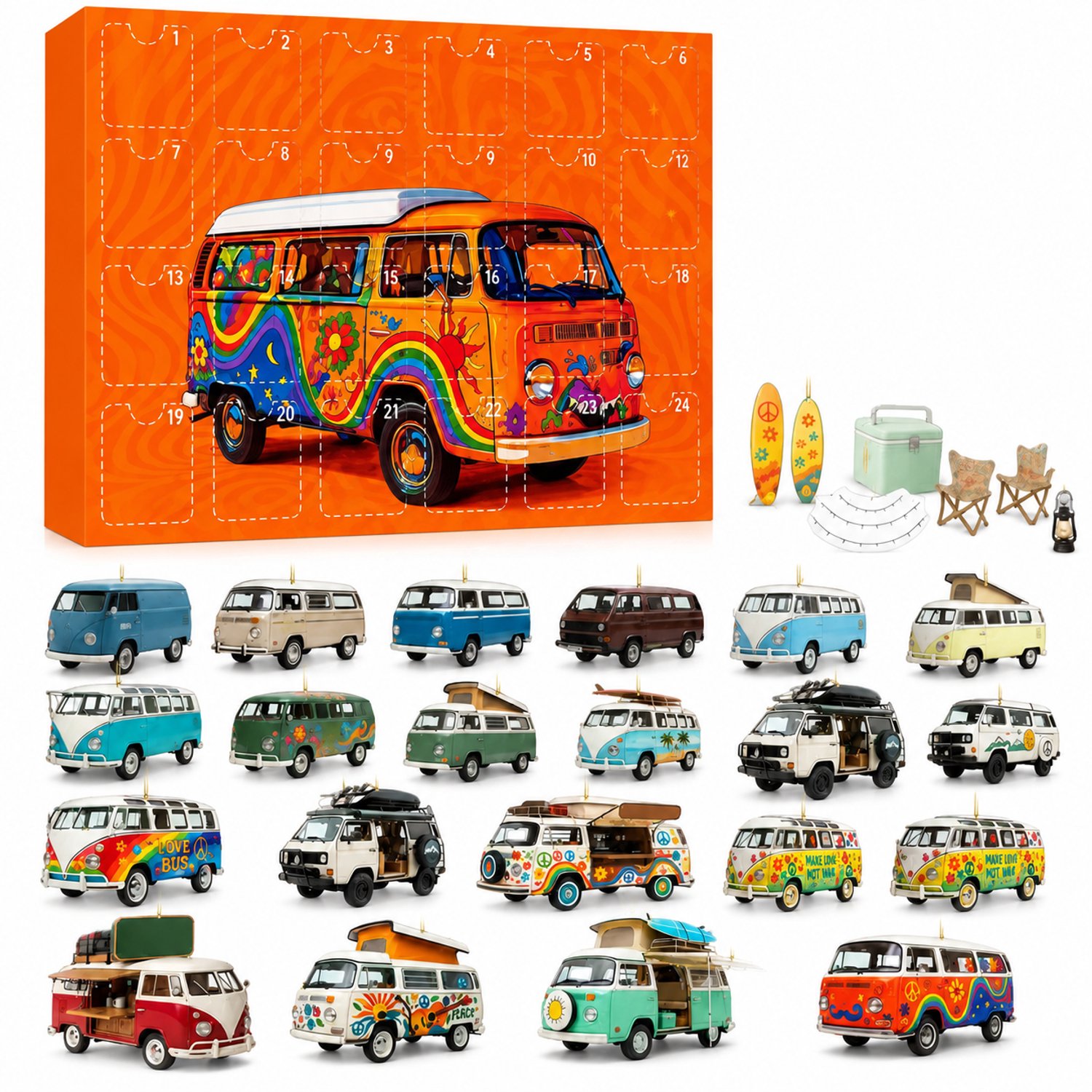 Camper-adventskalender 2026 met 24 genummerde vakjes en hangdecoraties in camper- en kampeerthema