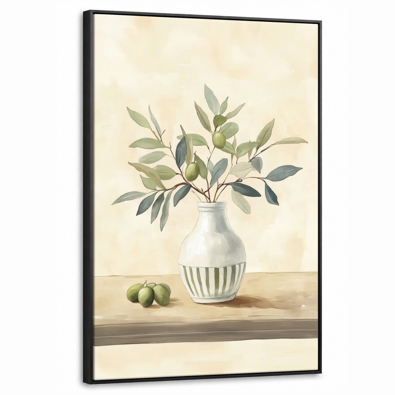 Canvas Schilderij met Baklijst 60x90cm - Vaas - Keramiek - Olijftakken - Muurdecoratie woonkamer - Slaapkamer decoratie - Kamer accessoires - Schilderijen op canvas met lijst
