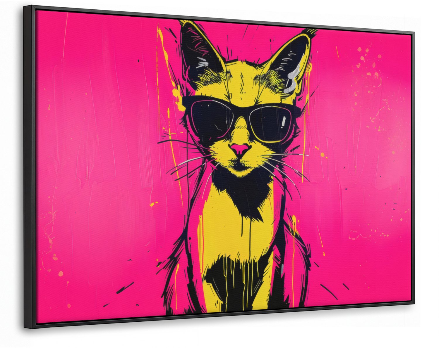 Canvas Schilderij met Baklijst XXL Canvas Schilderij met Baklijst 140x90cm - Kat - Art - Zonnebril - Roze - Muurdecoratie woonkamer - Slaapkamer decoratie - Kamer accessoires - Schilderijen op canvas met lijst groot