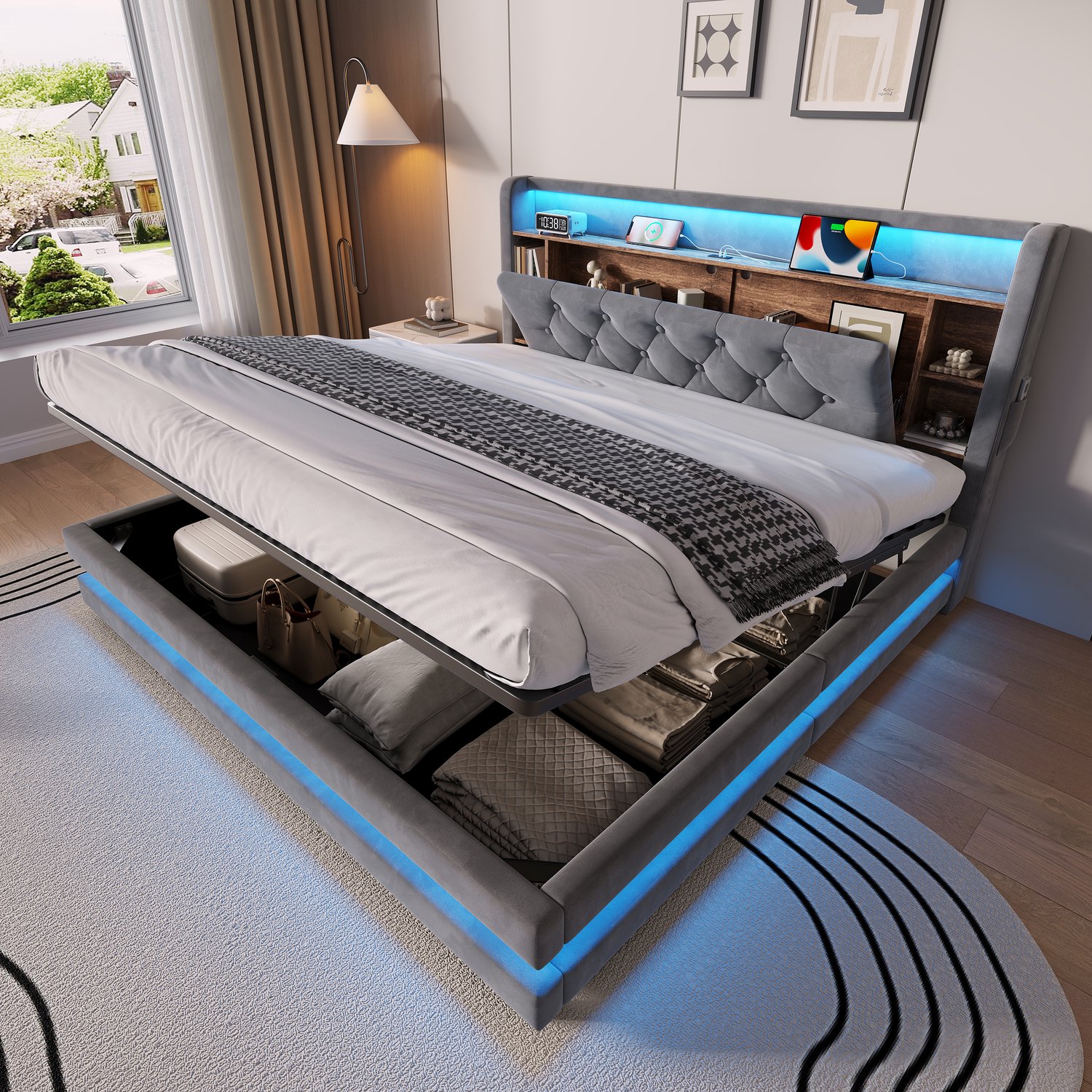 Wishdor Tweepersoonsbed 160x200 cm - Hydraulische opbergruimte - Hoofdbord met vakken en zijzakken - LED-verlichting en laadaansluitingen - Fluwelen bekleding - Slaapkamer Donkergrijs