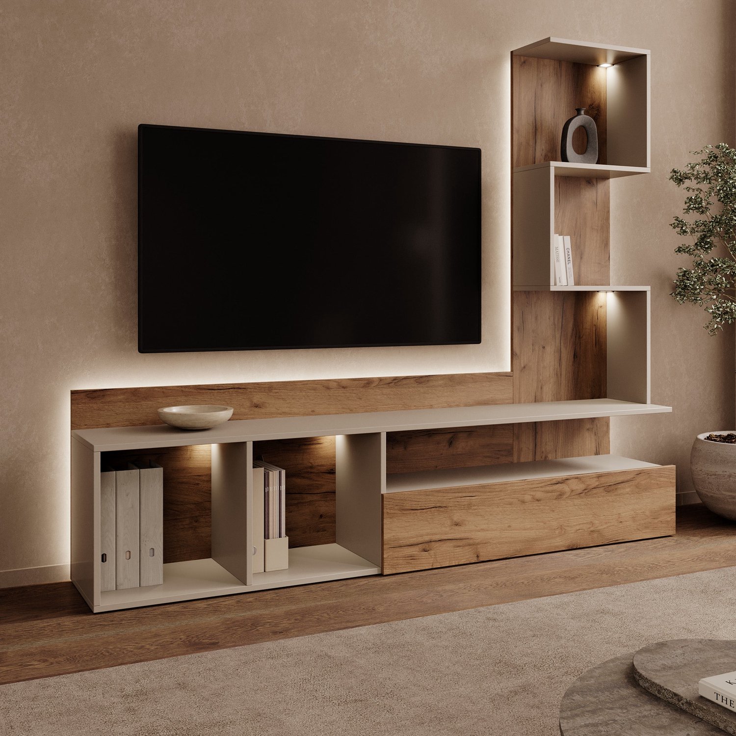 MEUBELLA Rovik - TV-Meubel met LED - Beige/Eiken - 180x33x156 cm Beige|Bruin