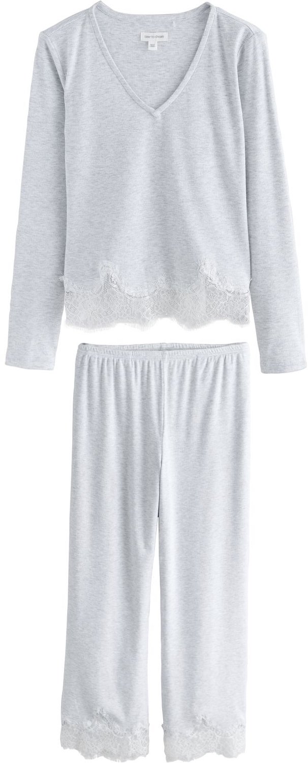 Next Dames - Gezellige geribbelde pyjama met lange mouwen en kanten details - Tall - Grijs Light Grey