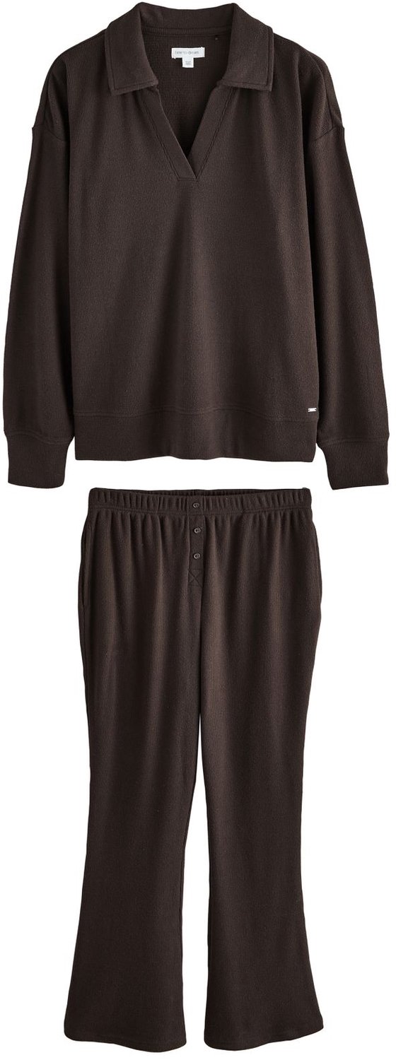 Next Dames - Zachte rugbypyjama met lange mouwen en wafelstructuur - Bruin Chocolate Brown