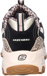 Achterkant van een zwarte Skechers D'LITES veterschoen met leopardprint accenten, beige zool en merkopdruk.