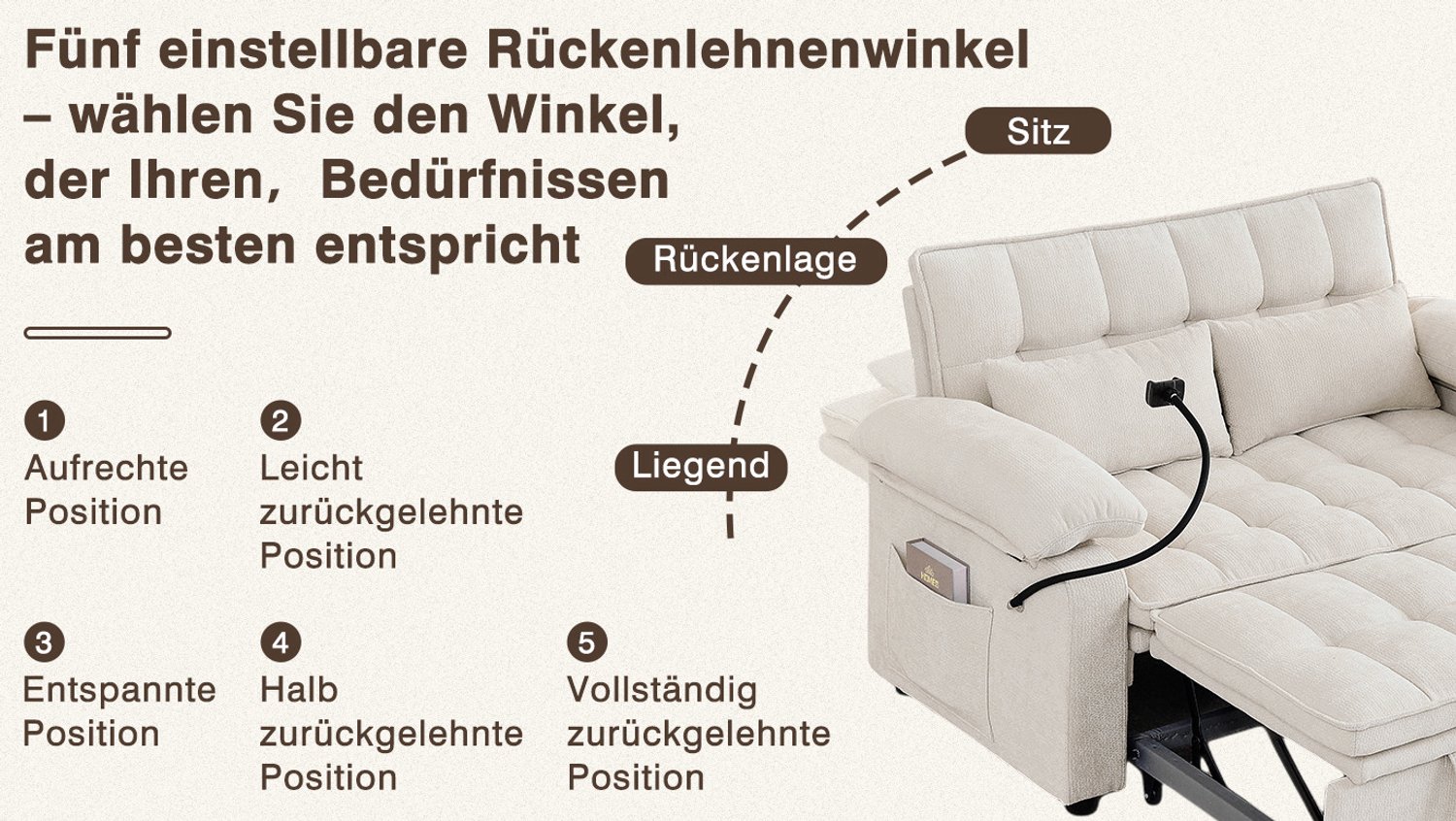 MODENUIT Slaapbank 142 cm - Rugleuning Met 5 Standen en Slaapfunctie - Voor Woonkamer - Chenille - Beige