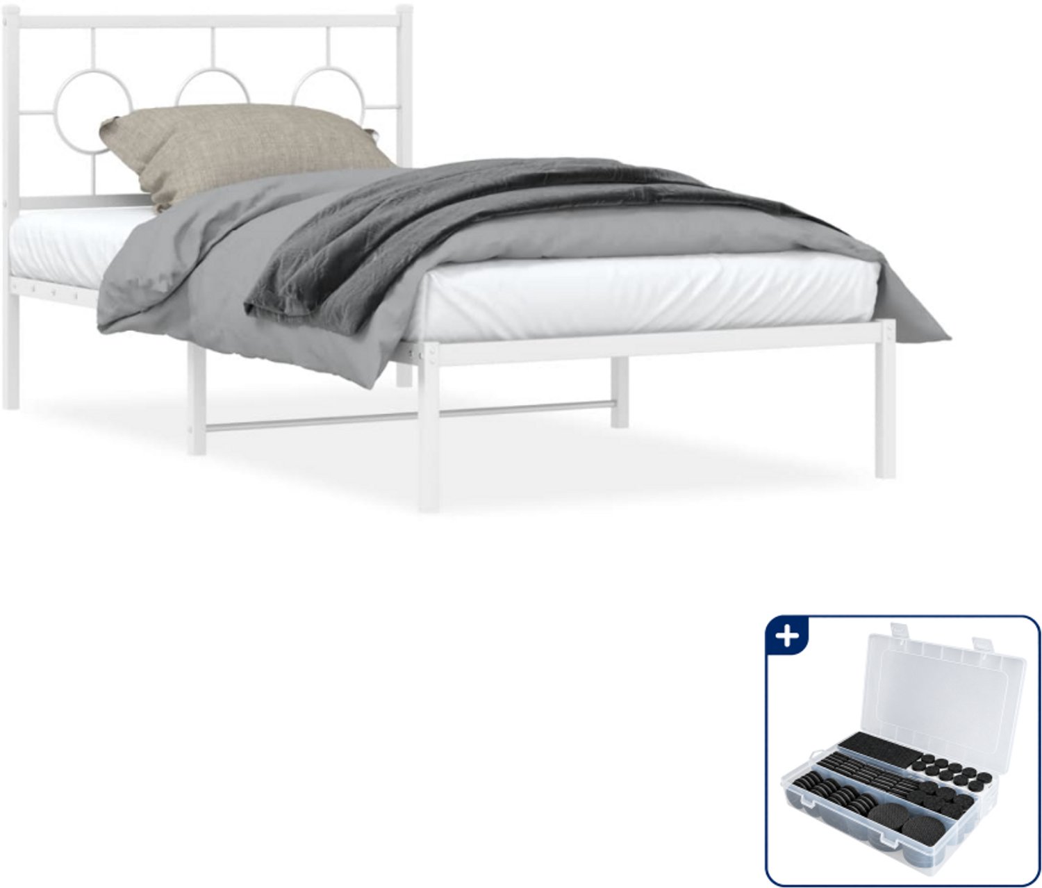 vidaXL bedframe met hoofdbord - 100 x 190 cm - staal - wit - Inclusief antikrasvilt 177-delig