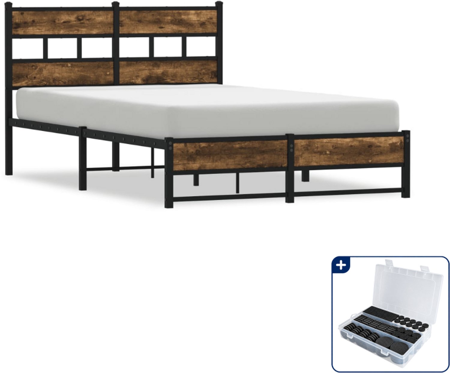 vidaXL Bedframe - 120 x 200 cm - staal - gerookt eiken - Inclusief antikrasvilt 177-delig Bruin