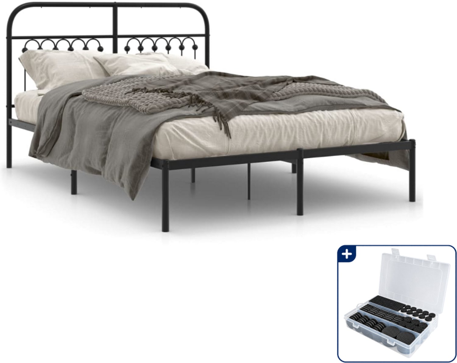 vidaXL bedframe - 140 x 190 cm - staal - zwart - Inclusief antikrasvilt 177-delig