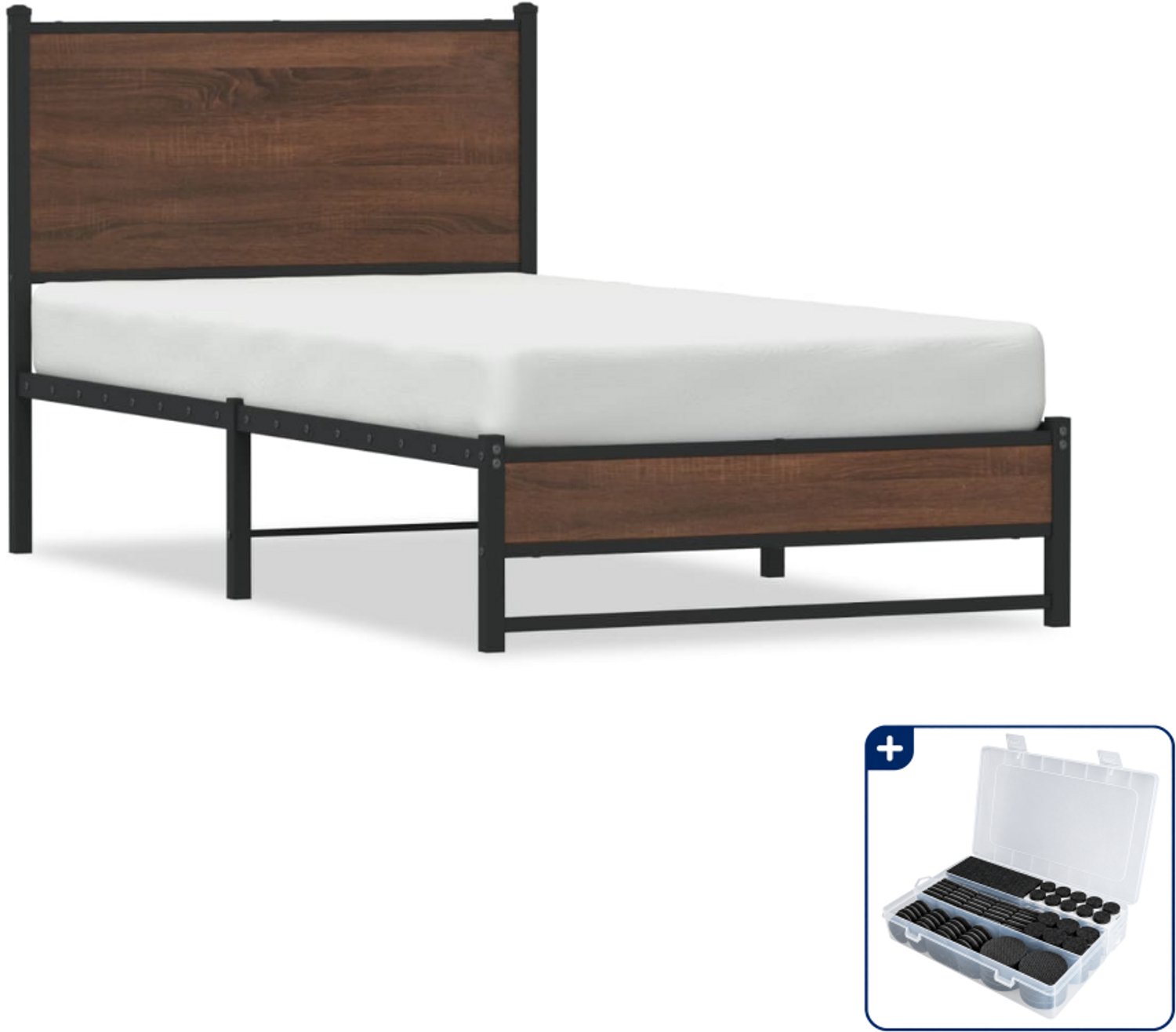 vidaXL bedframe - 90 x 190 cm - staal en bewerkt hout - bruineiken - Inclusief antikrasvilt 177-delig