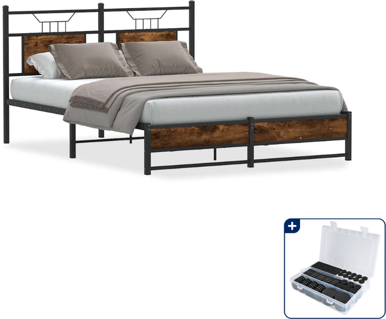 vidaXL bedframe - 140 x 190 cm - bewerkt hout - gerookt eiken - Inclusief antikrasvilt 177-delig Bruin