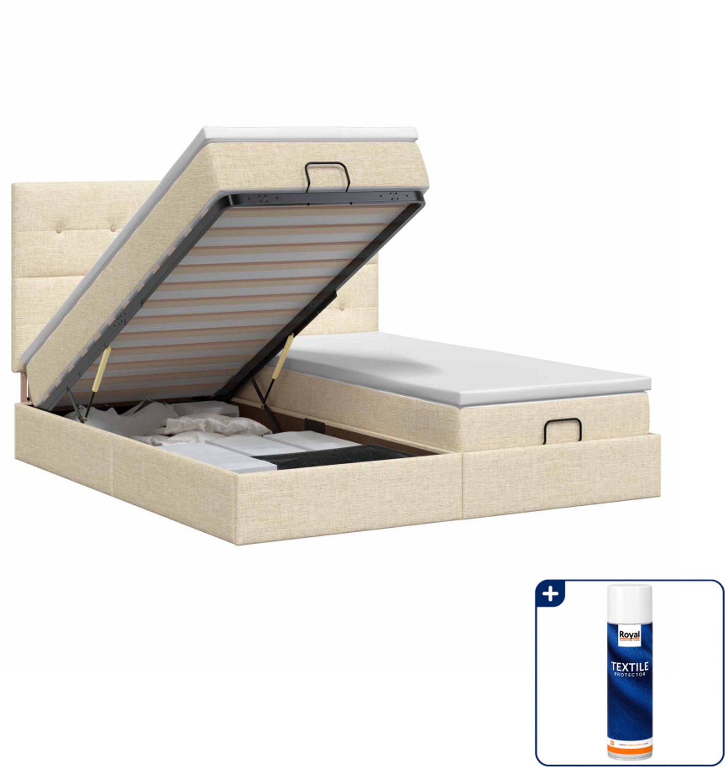 vidaXL Ottoman bed 200 x 200 cm - stof - crèmekleurig - Inclusief textielbeschermer 500 ml