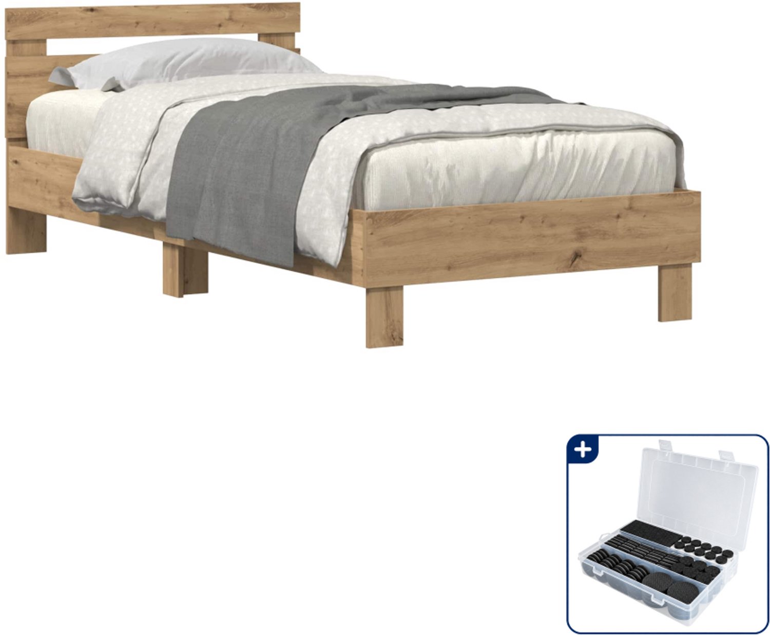 vidaXL bedframe met hoofdeinde - 75 x 190 cm - bewerkt hout - eiken - Inclusief antikrasvilt 177-delig Bruin