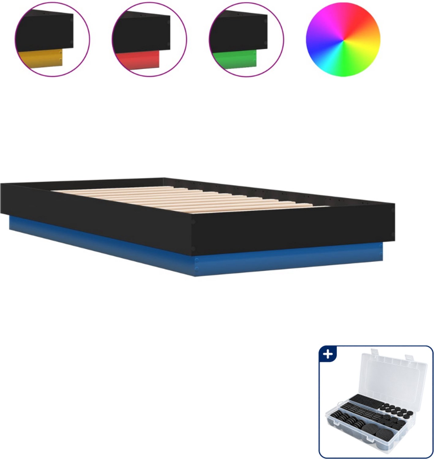vidaXL bedframe met LED - 75 x 190 cm - bewerkt hout - zwart - Inclusief antikrasvilt 177-delig