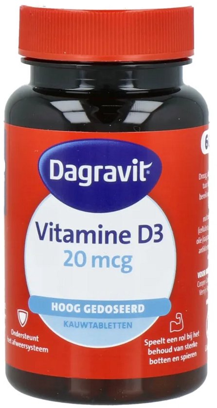 Voorkant van Dagravit Vitamine D3 kauwtabletten potje met rode dop en blauw-witte merknaam.